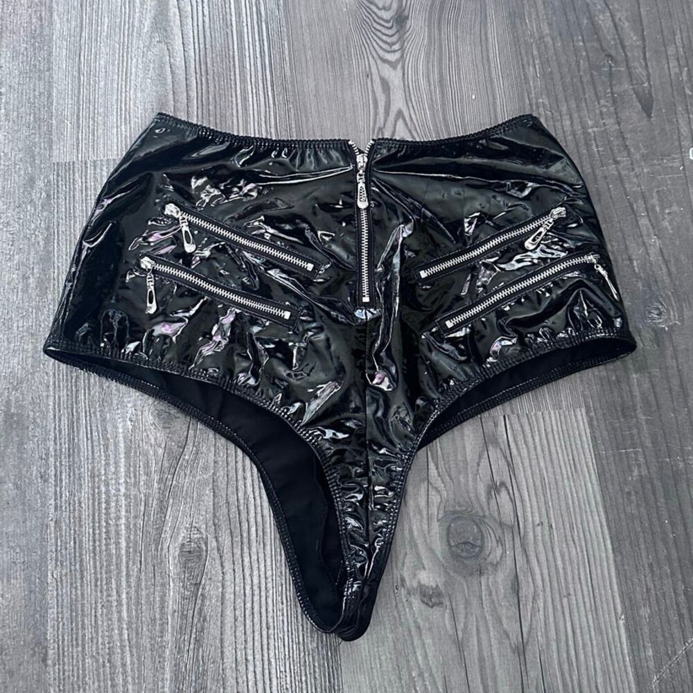 rave wonderland shiny vinyl high waisted booty shorts